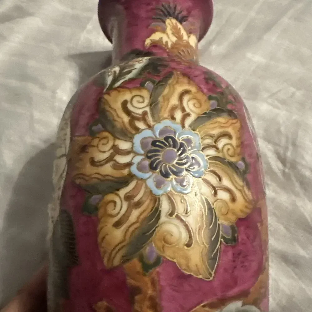 Vintage WBI Chinese Vase Porcelain Floral Design Blue Pink 12” Tall Gold Outline
